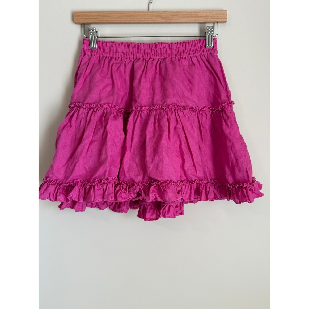 Hill House Mini Skirt Women M Pink Linen Tiered Ruffle Elastic Waist